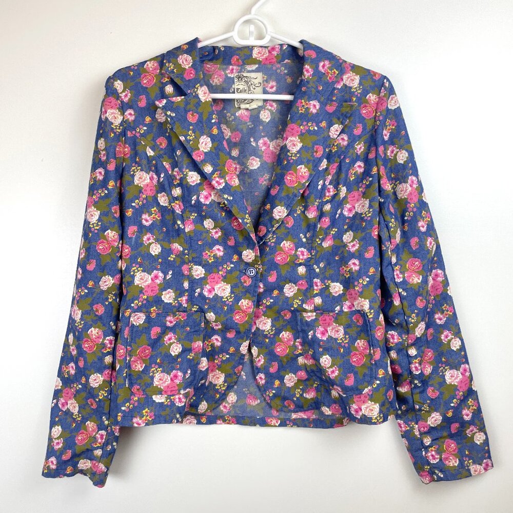 Tulle 100% Cotton Blue Floral Single Button Lightweight hourglass Blazer M - Picture 2 of 4